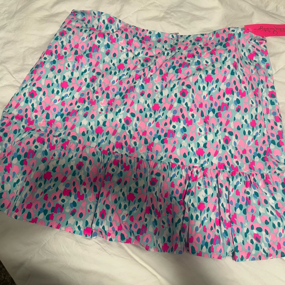 Lilly Pulitzer Pink Teal Leopard Print Ruffle Mini Skirt